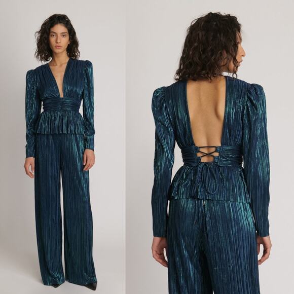 Sabina Musayev | Maxim Top Dark Ocean Metallic Pleated V-Neck Peplum Blouse L - Picture 1 of 11